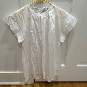 Harshman White Pleated Short-Sleeve Cotton Crew Neck Blouse